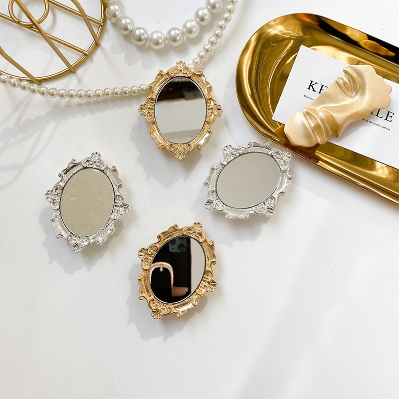 Luxury 3D Retro Vintage Round Makeup Mirror Phone Grip Mobile Phone Holder Metal Phone Socket Folding Stand Desktop Lazy Bracket