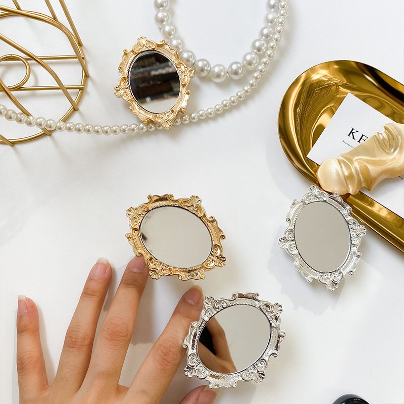 Luxury 3D Retro Vintage Round Makeup Mirror Phone Grip Mobile Phone Holder Metal Phone Socket Folding Stand Desktop Lazy Bracket