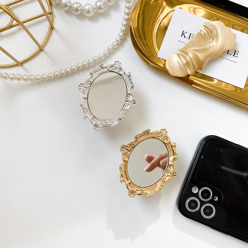 Luxury 3D Retro Vintage Round Makeup Mirror Phone Grip Mobile Phone Holder Metal Phone Socket Folding Stand Desktop Lazy Bracket