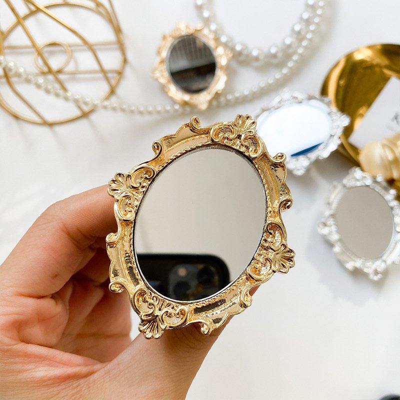 Luxury 3D Retro Vintage Round Makeup Mirror Phone Grip Mobile Phone Holder Metal Phone Socket Folding Stand Desktop Lazy Bracket