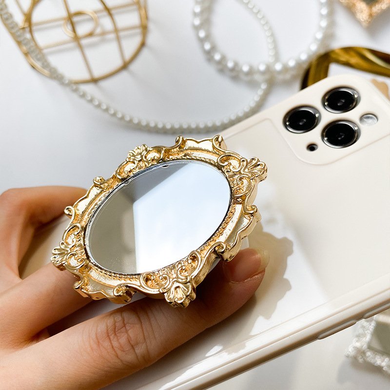 Luxury 3D Retro Vintage Round Makeup Mirror Phone Grip Mobile Phone Holder Metal Phone Socket Folding Stand Desktop Lazy Bracket