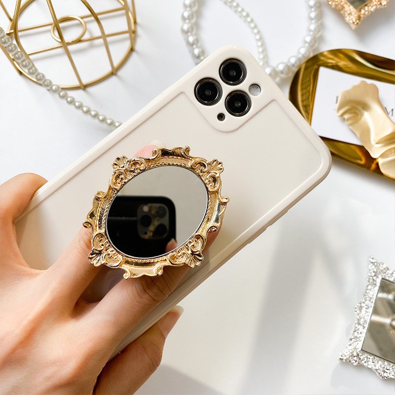 Luxury 3D Retro Vintage Round Makeup Mirror Phone Grip Mobile Phone Holder Metal Phone Socket Folding Stand Desktop Lazy Bracket