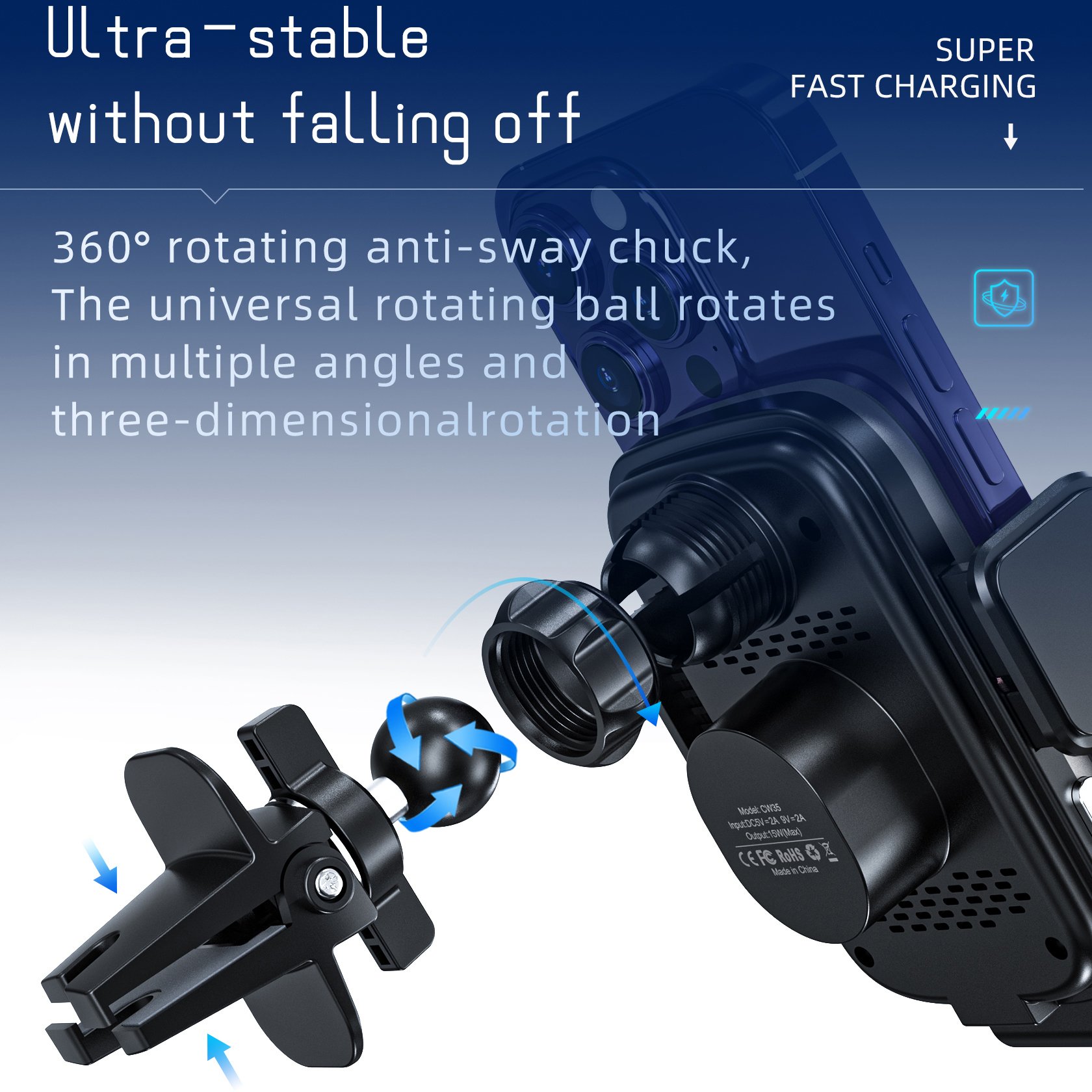 Fast 15W Charging Auto Clamping Anti-Slip Silicone Car Phone Holder Mount 15 Watt Smart Sensor Magnetic Wireless Car Charger