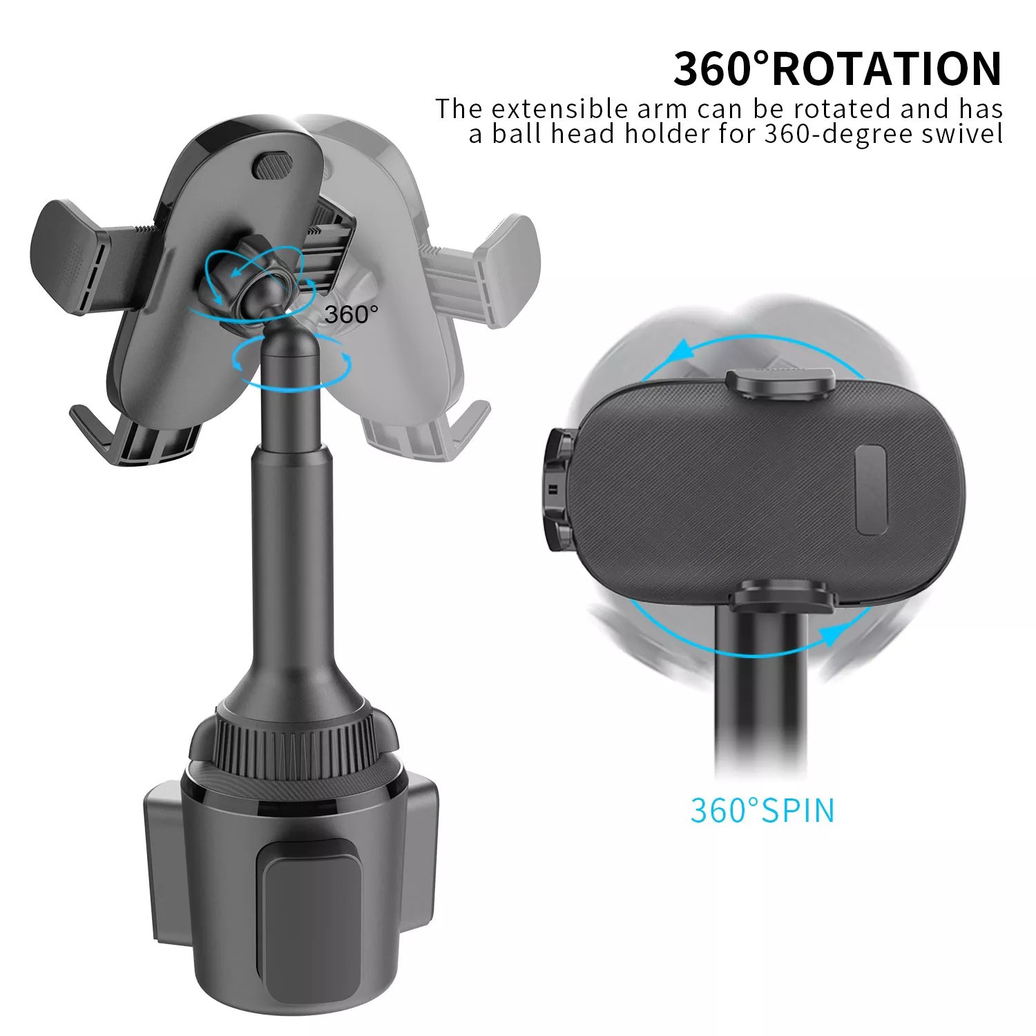 Height Adjustable 360 Rotatable Solid Cup Holder Phone Mount for Car Truck with Quick Extension Long Arm Car Cup Holder