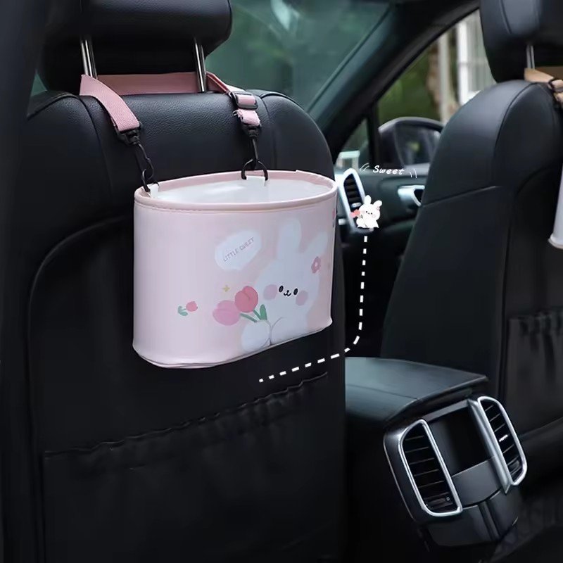 RTS 2025 Cartoon bear car mounted storage box Leather printing storage bucket Multi-functional car storage box