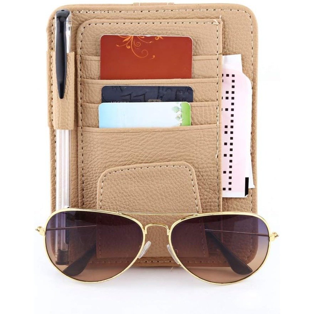 1PC Multi-function Car Sun Visor Organizer Card Storage Glasses Holder Clip Pouch Bag Hanging Holder PU Leather(Beige)