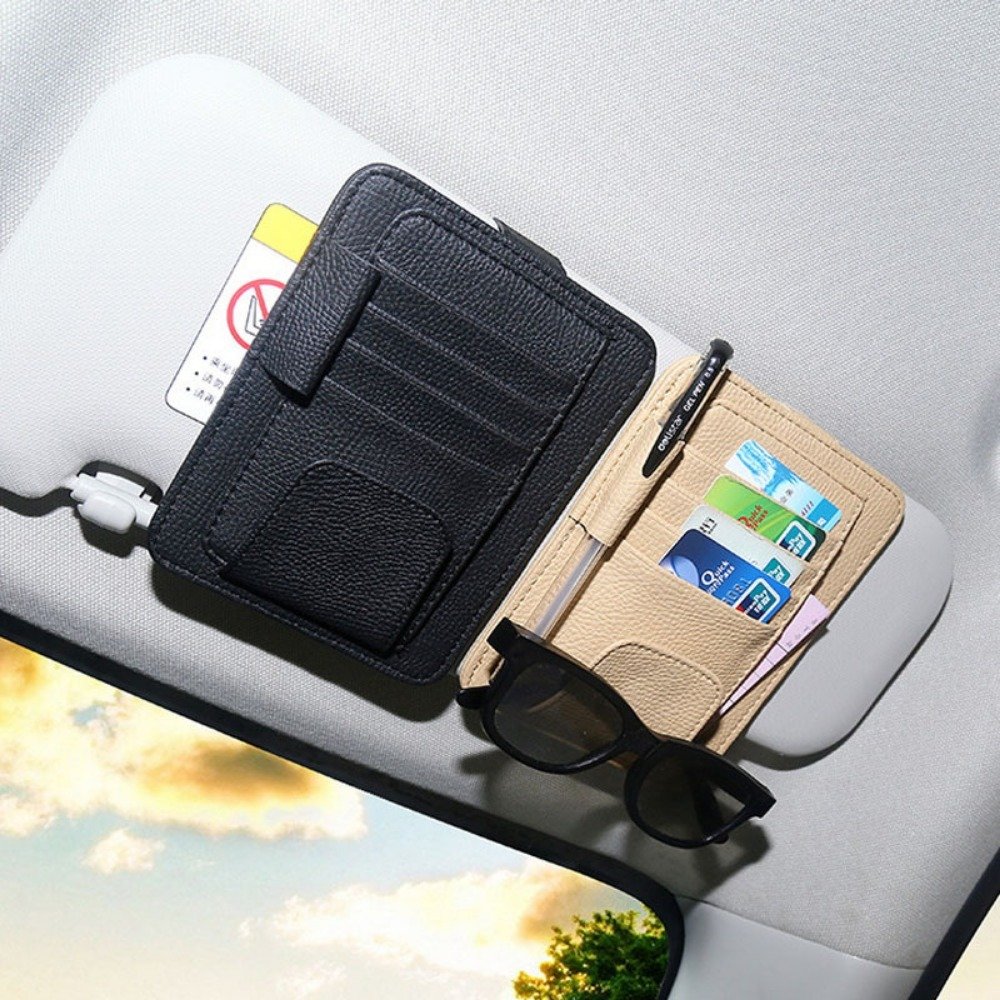 1PC Multi-function Car Sun Visor Organizer Card Storage Glasses Holder Clip Pouch Bag Hanging Holder PU Leather(Beige)