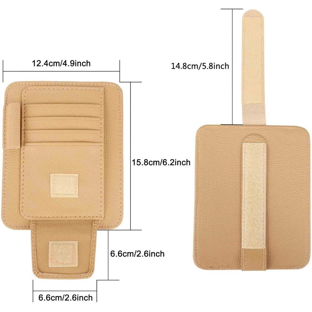 1PC Multi-function Car Sun Visor Organizer Card Storage Glasses Holder Clip Pouch Bag Hanging Holder PU Leather(Beige)
