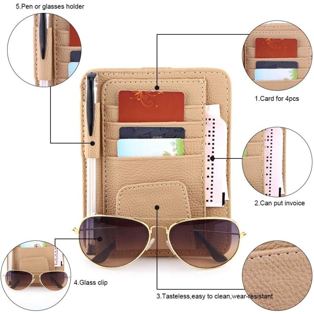 1PC Multi-function Car Sun Visor Organizer Card Storage Glasses Holder Clip Pouch Bag Hanging Holder PU Leather(Beige)