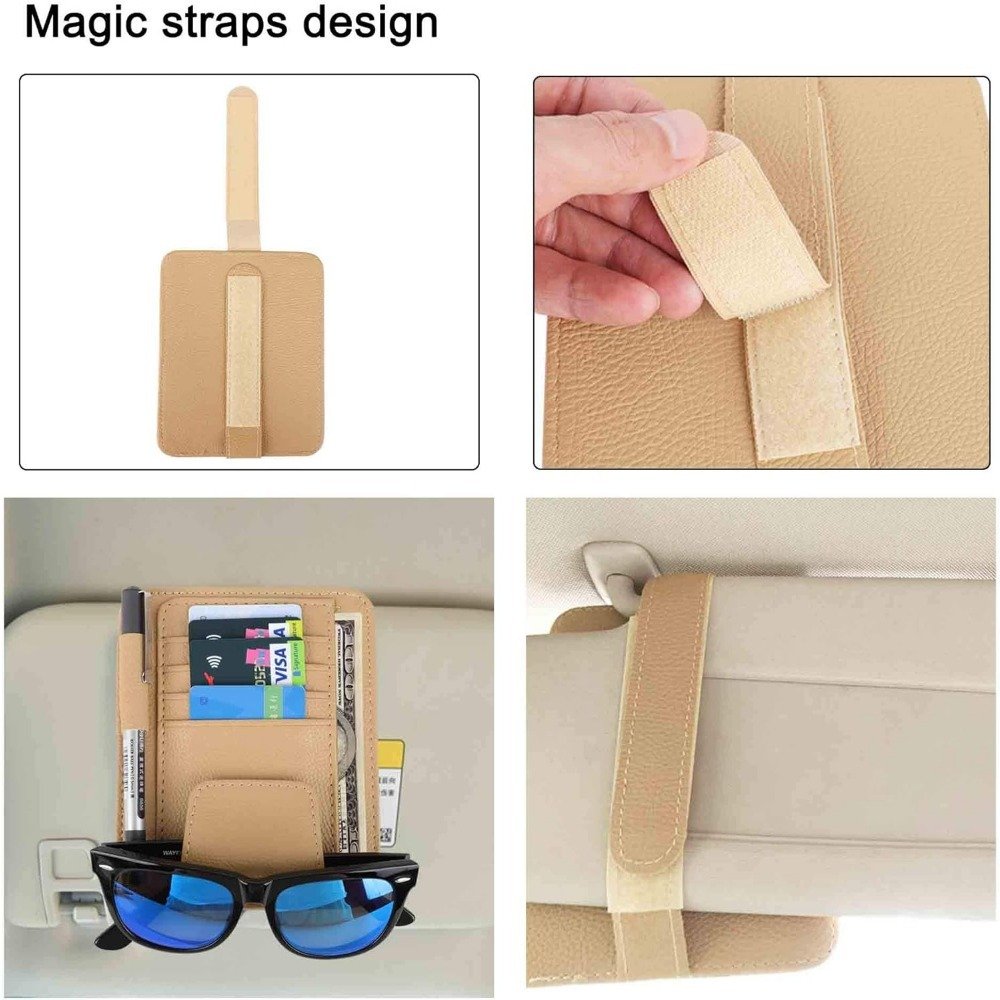 1PC Multi-function Car Sun Visor Organizer Card Storage Glasses Holder Clip Pouch Bag Hanging Holder PU Leather(Beige)