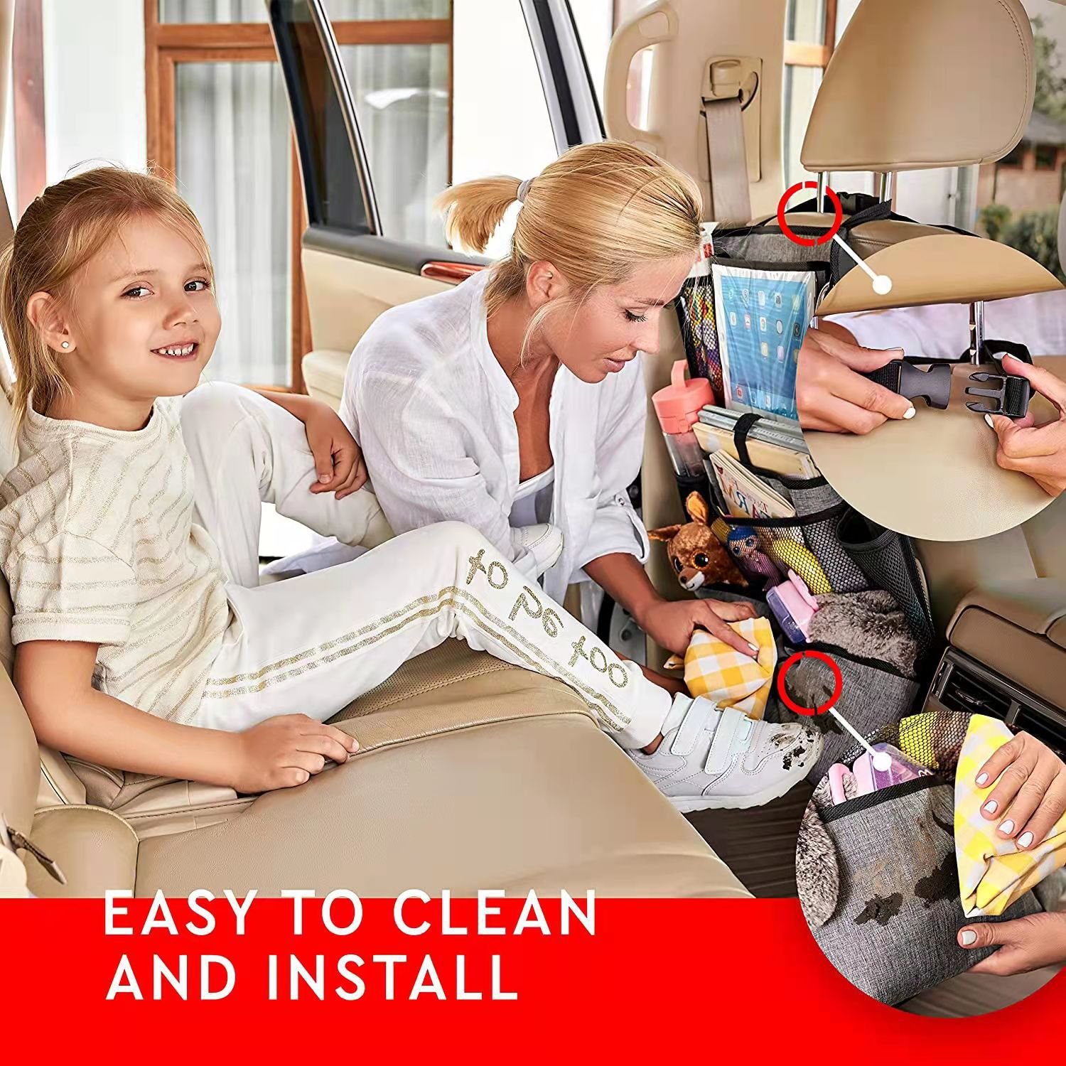 Car Kids Back Seat Organizer with Tablet Holder and Baby Car Seat Mirror Auto Car Backseat Organizer
