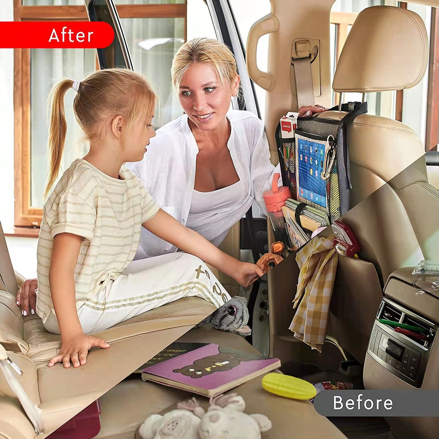 Car Kids Back Seat Organizer with Tablet Holder and Baby Car Seat Mirror Auto Car Backseat Organizer
