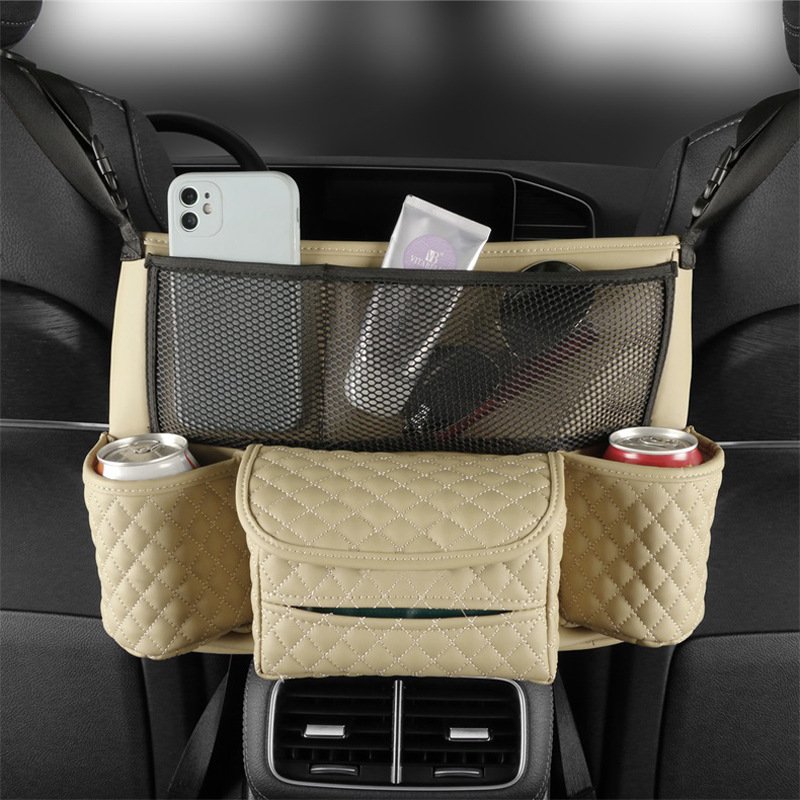 Factory direct sale leather plaid car armrest box hanging storage box,accessories storage bag mesh car net pocket handbag holder
