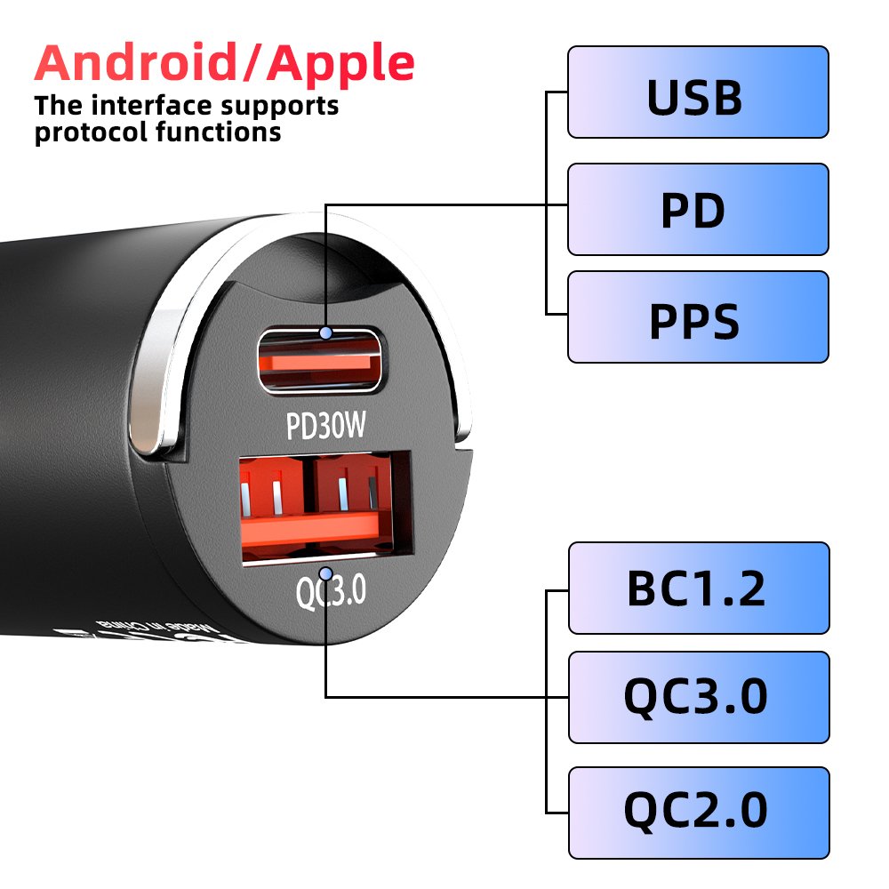 Newest Pull Tab Metal Holder High Speed Output PD30W and QC3.0 Retractable Fast Charger Car Adapter for Phone Charging