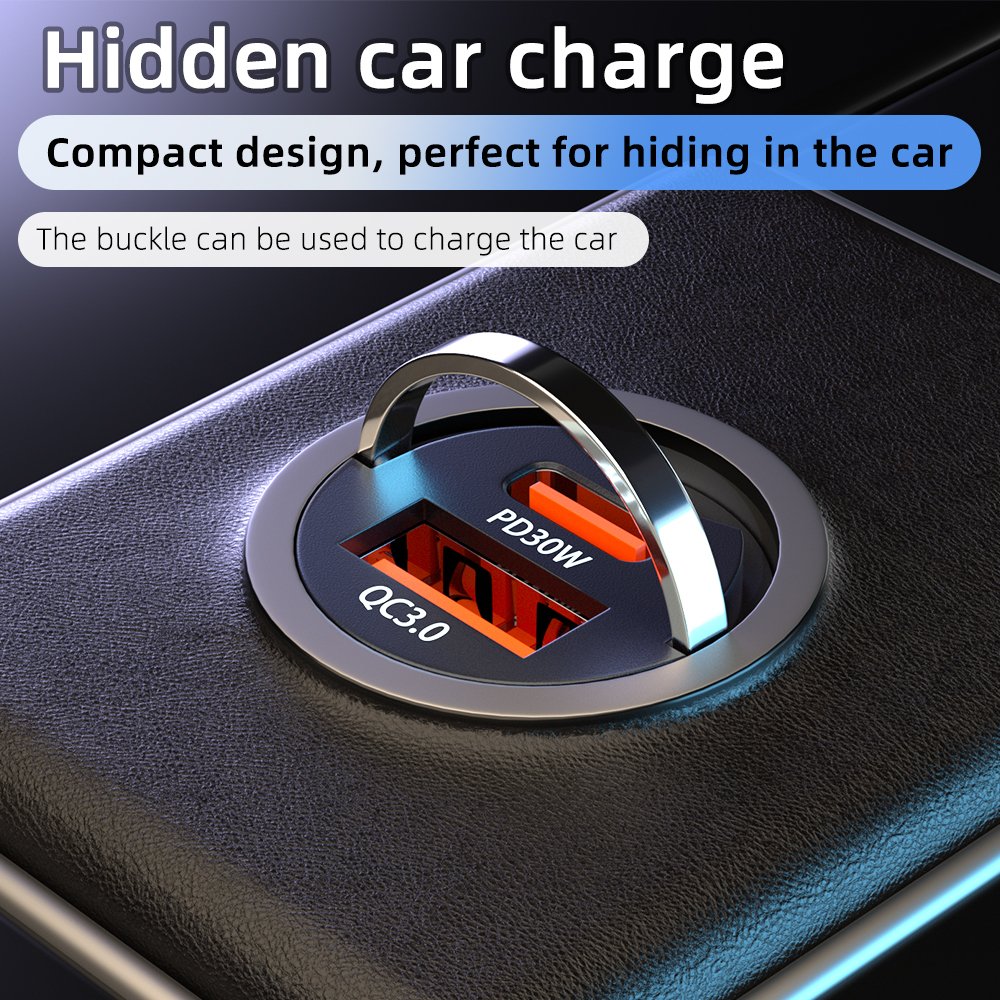 Newest Pull Tab Metal Holder High Speed Output PD30W and QC3.0 Retractable Fast Charger Car Adapter for Phone Charging
