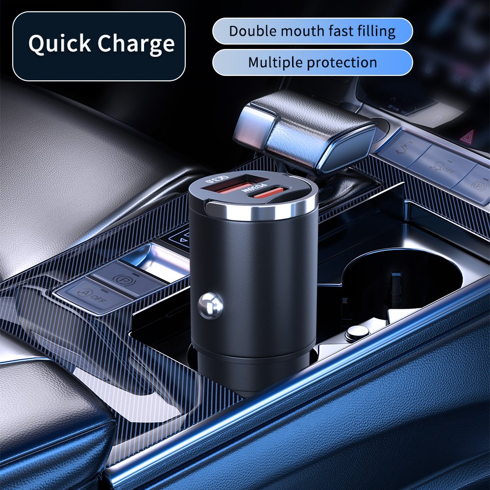 Newest Pull Tab Metal Holder High Speed Output PD30W and QC3.0 Retractable Fast Charger Car Adapter for Phone Charging