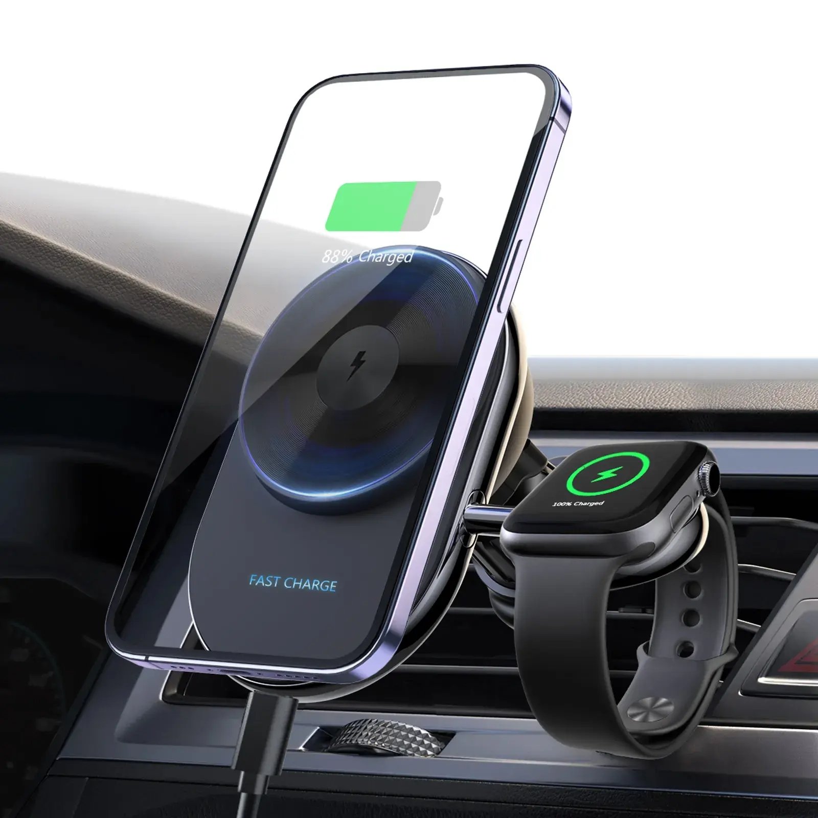 Refrigeration Navigation KC Car Phone Holder Wireless Charger Air Outlet 2 in 1 Magnetic Wireless Car Charger for iWatch
