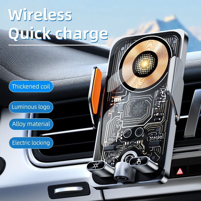C1 Metal Car Charger Transparent Glass 15W Wireless With 3 Magnetic Charging Head Auto Clamping Sensing Car Phone Holder