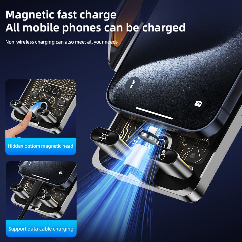 C1 Metal Car Charger Transparent Glass 15W Wireless With 3 Magnetic Charging Head Auto Clamping Sensing Car Phone Holder