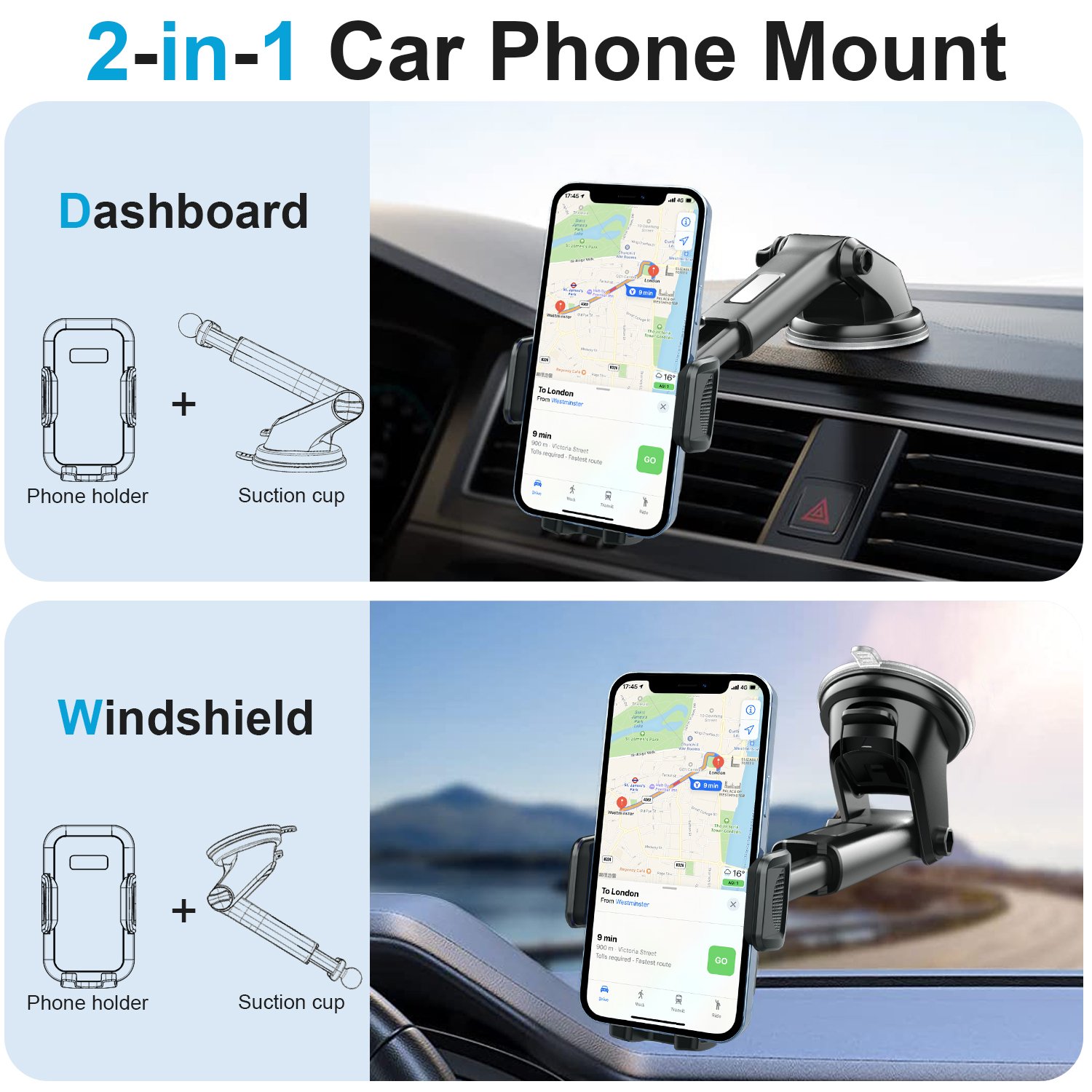 2-in-1 Suction Cup Phone Holder Easy One Hand Touch Dash & Windshield Universal Car Mount Phone Holder Desktop Stand for iPhone