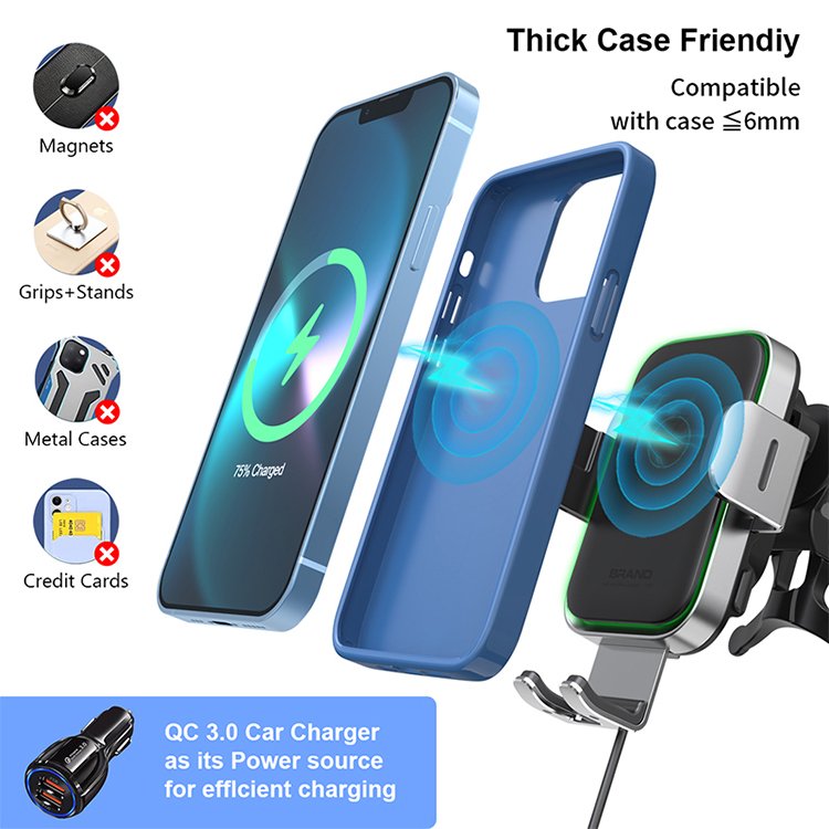 Smart Sensor Magnetic Wireless Charger Mobile Phone Car Wireless Charger Automatic Clamping 15w for Iphone Black OEM Size TYPE-C