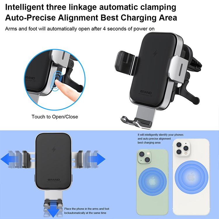 Smart Sensor Magnetic Wireless Charger Mobile Phone Car Wireless Charger Automatic Clamping 15w for Iphone Black OEM Size TYPE-C
