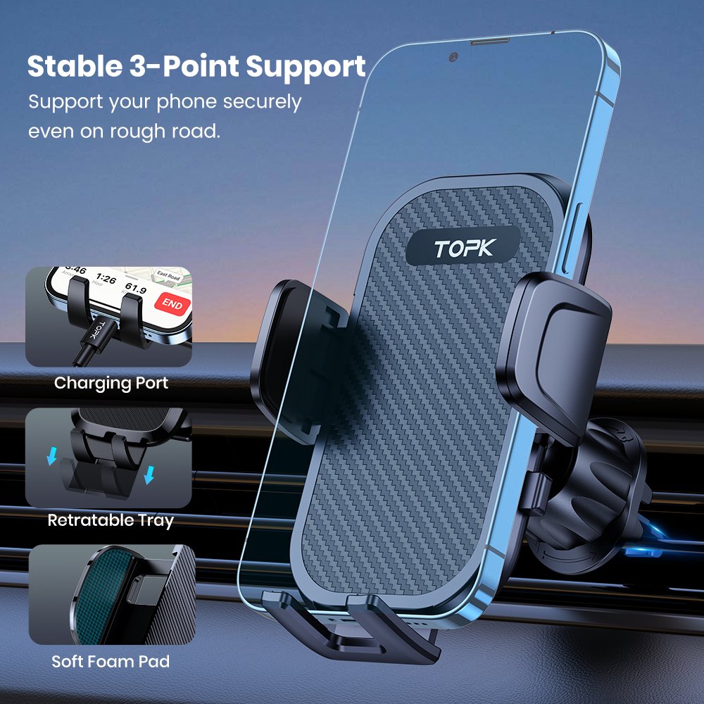 TOPK D42-G 360 Degree Rotation Strong Car Mobile Quick Lock Air Vent Phone Holder Stand