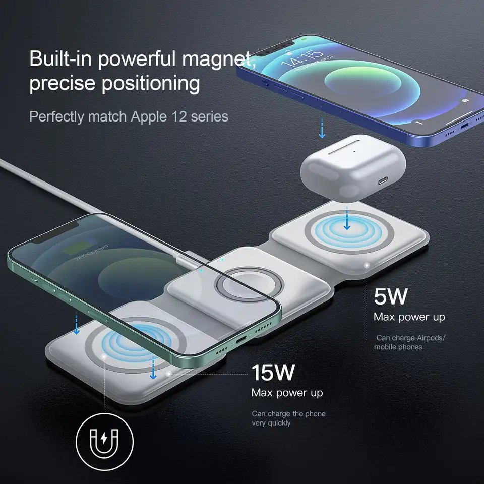 Custom logo 15W folding wireless charger for smart watch earphone magnetic 3 in 1 wireless charger for IPhone 14
