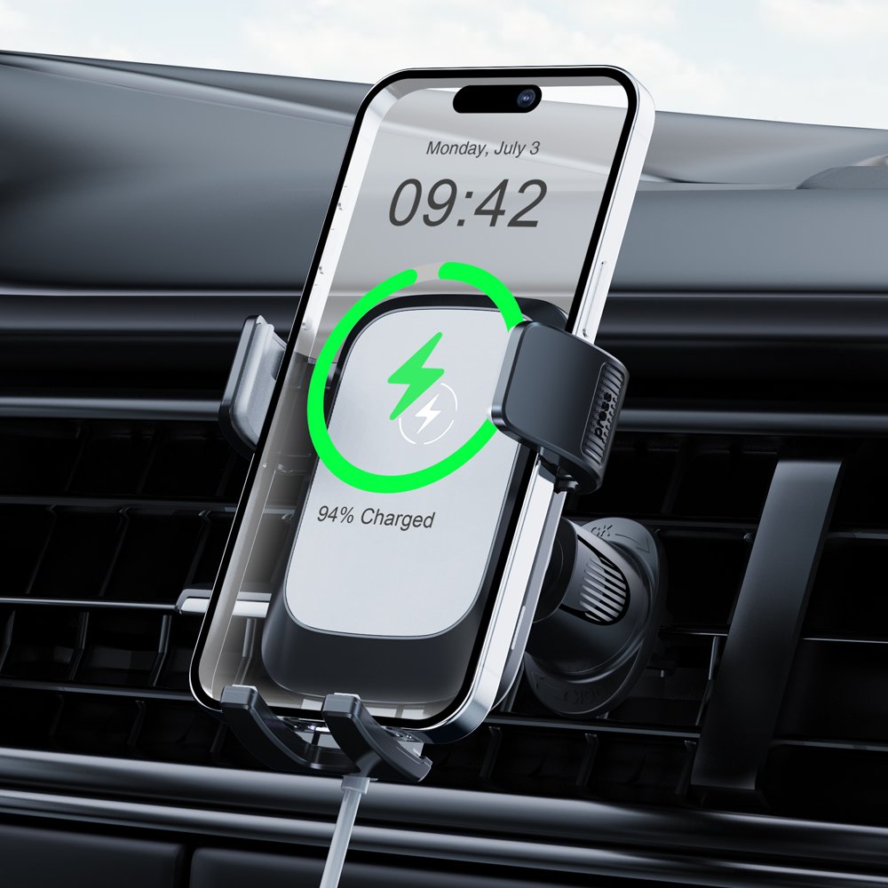 Custom Manufacturer's New Arrival 15 W Wireless Charger Car Phone Holder with Metal Hooks Air Vent Bracket Mobile Phone Stand