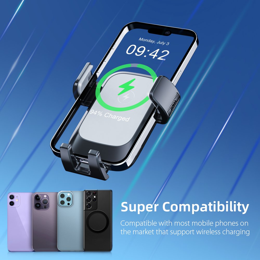 Custom Manufacturer's New Arrival 15 W Wireless Charger Car Phone Holder with Metal Hooks Air Vent Bracket Mobile Phone Stand
