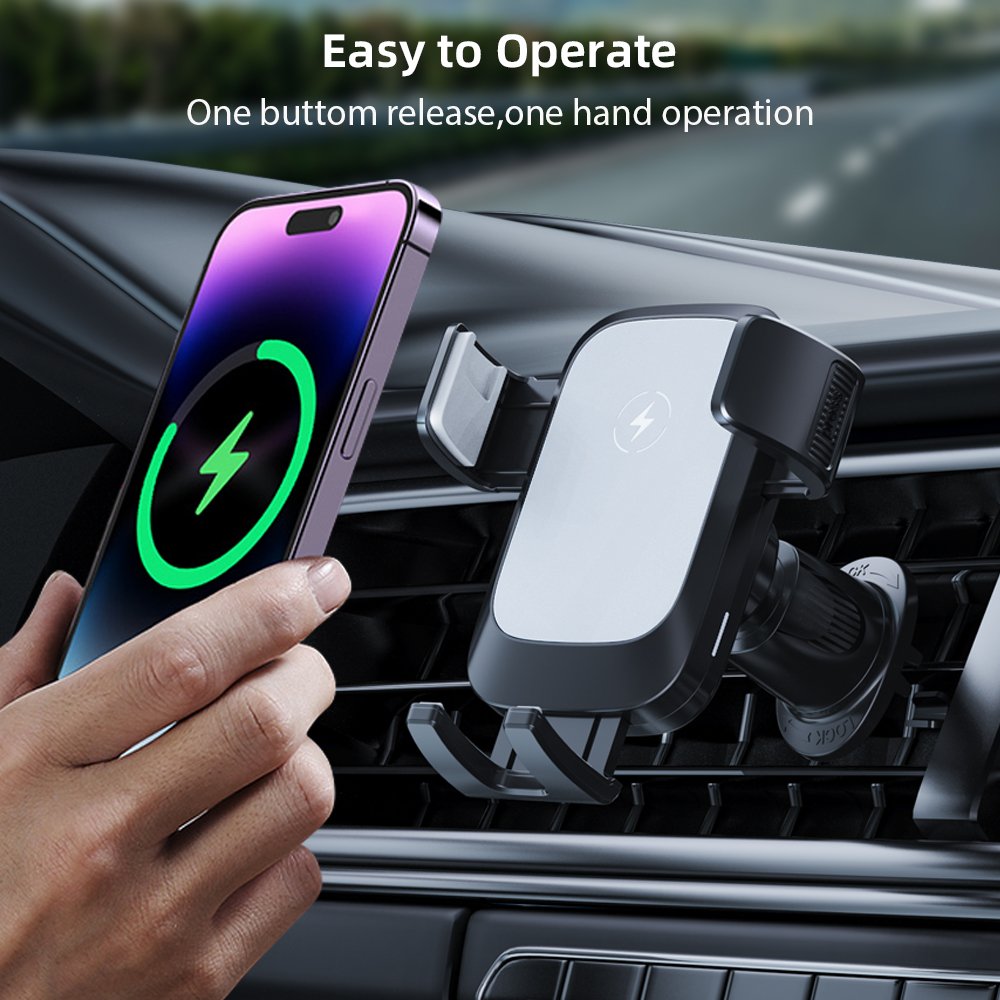 Custom Manufacturer's New Arrival 15 W Wireless Charger Car Phone Holder with Metal Hooks Air Vent Bracket Mobile Phone Stand