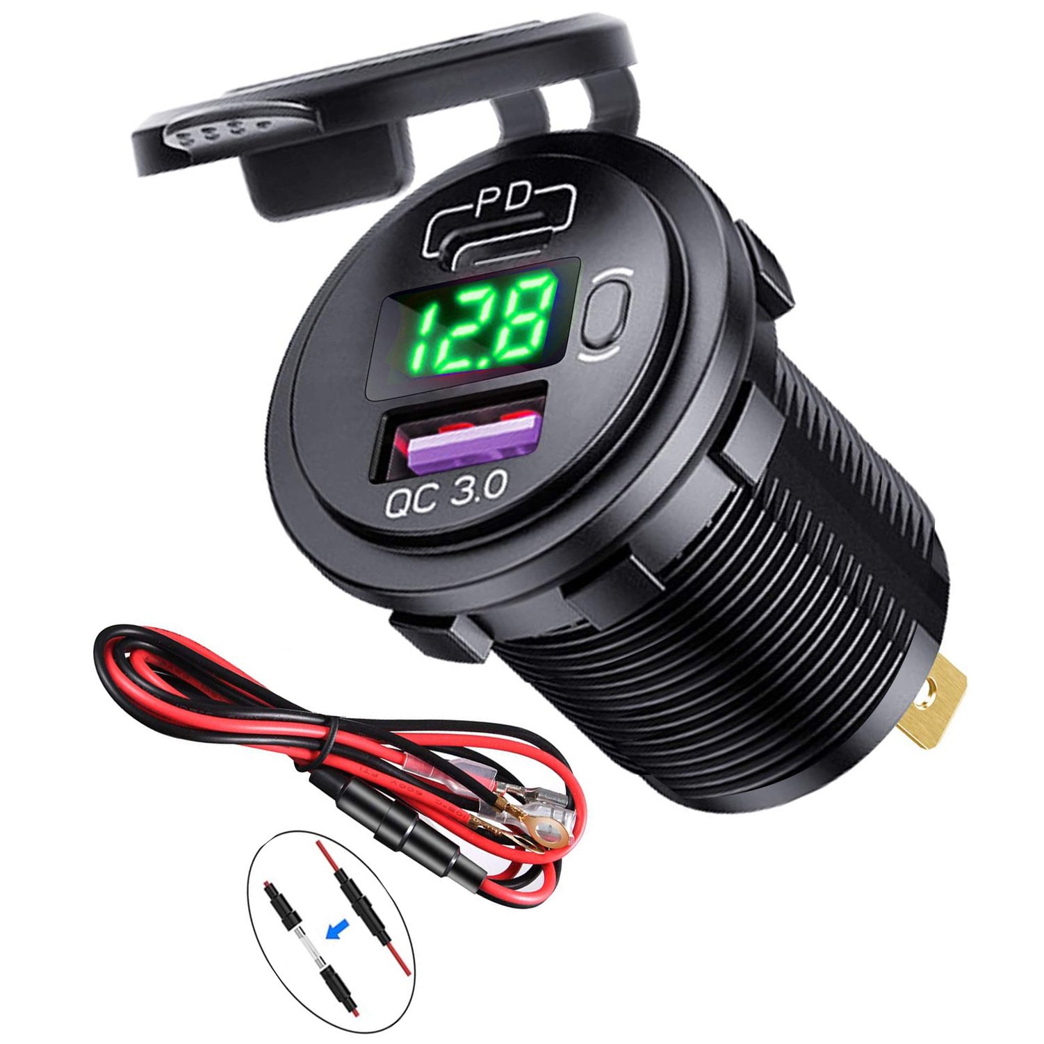 60W PD Type C/QC 3.0 USB Charger with button Switch LED Voltmeter Power Outlet Fast Charging for 12V 24V Car Truck Motorcycle RV