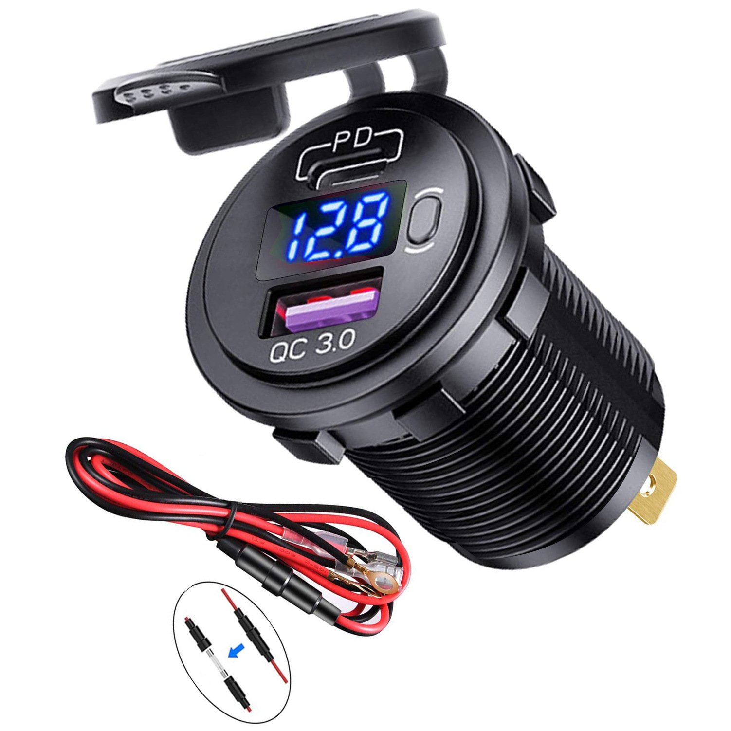 60W PD Type C/QC 3.0 USB Charger with button Switch LED Voltmeter Power Outlet Fast Charging for 12V 24V Car Truck Motorcycle RV