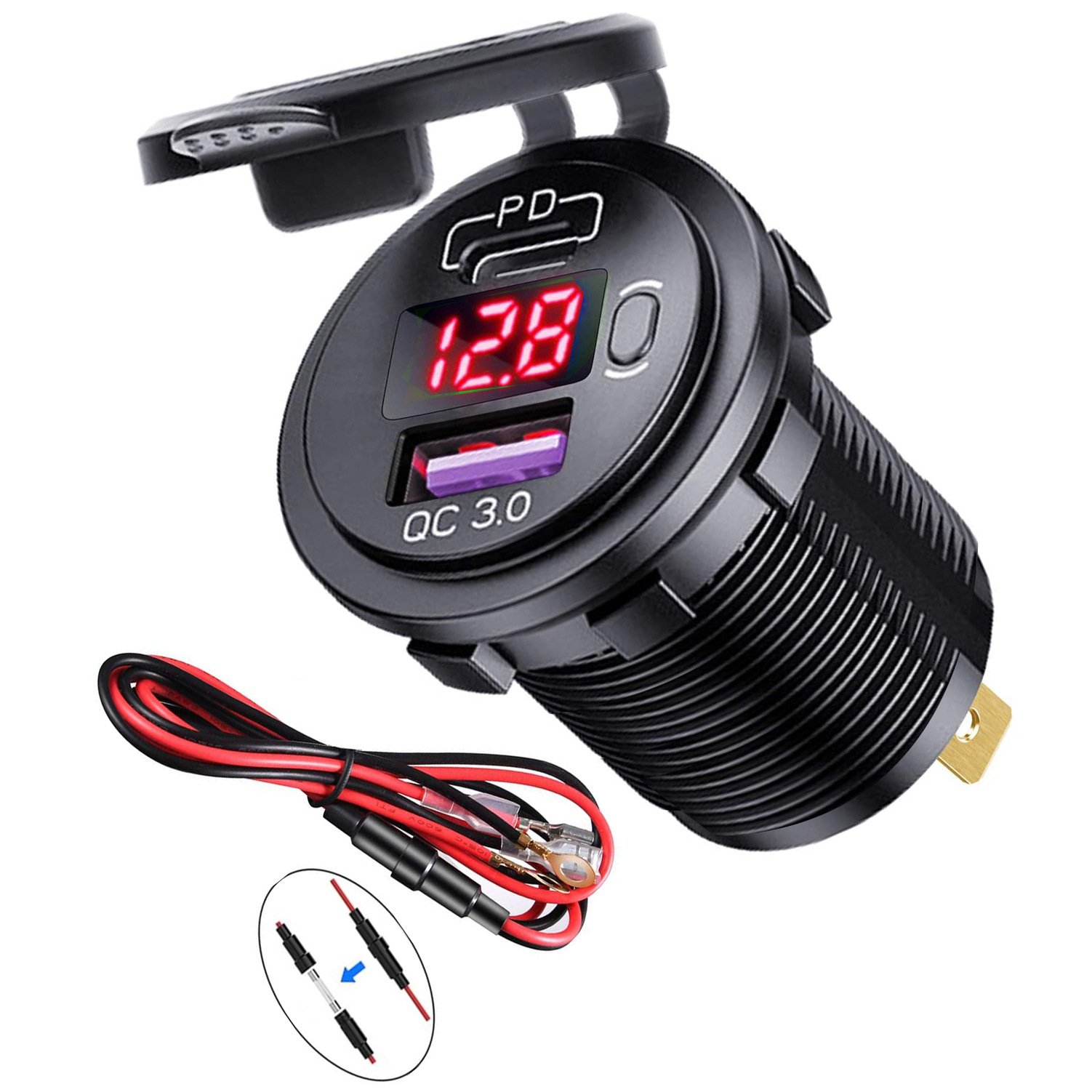 60W PD Type C/QC 3.0 USB Charger with button Switch LED Voltmeter Power Outlet Fast Charging for 12V 24V Car Truck Motorcycle RV