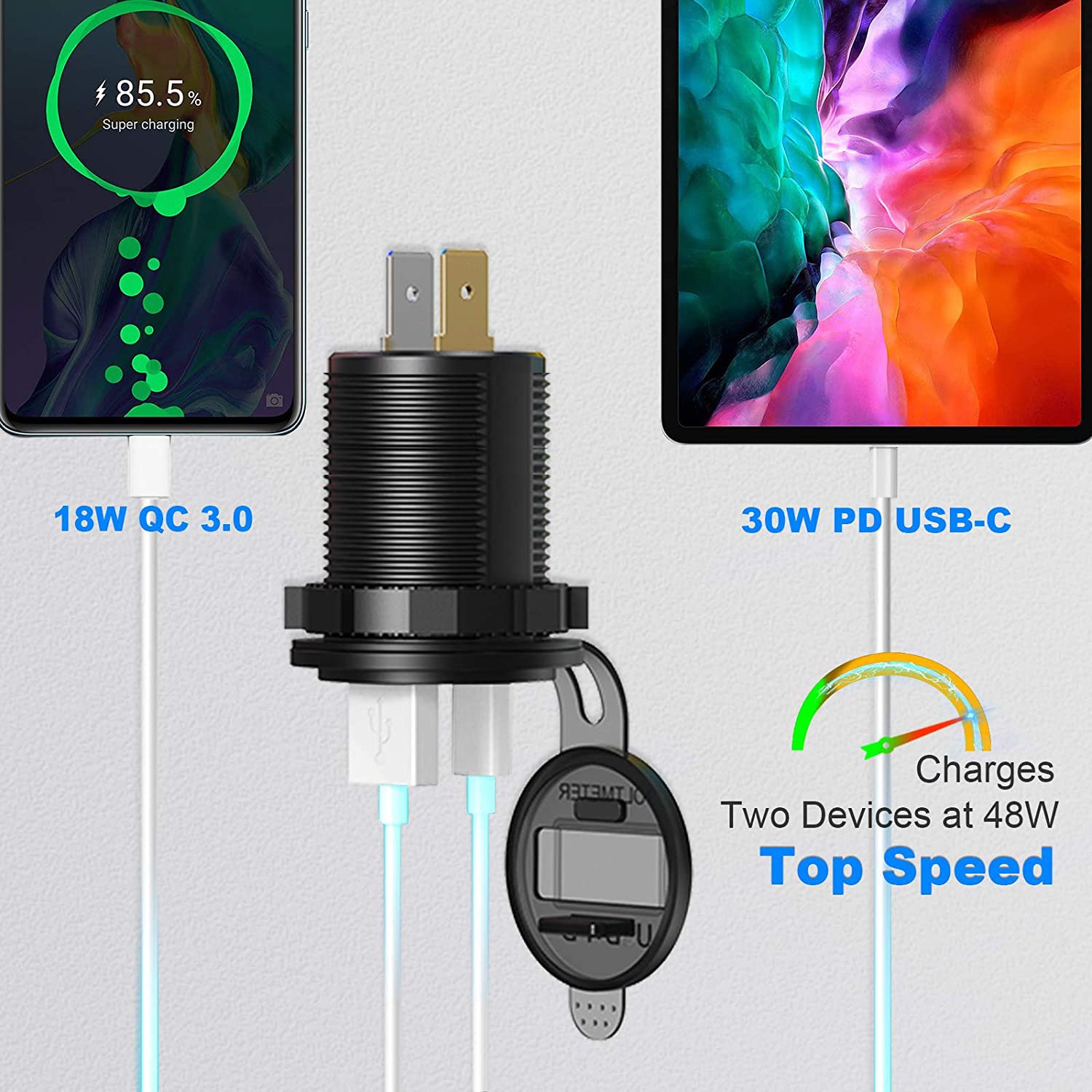 60W PD Type C/QC 3.0 USB Charger with button Switch LED Voltmeter Power Outlet Fast Charging for 12V 24V Car Truck Motorcycle RV