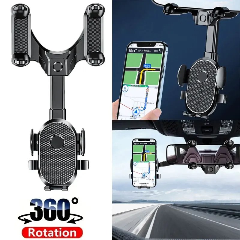 360 Rotating Car Phone Holder Rearview Mirror Mount Car Phone Bracket Navigation GPS Stand Foldable Mobile Cell Support in Car