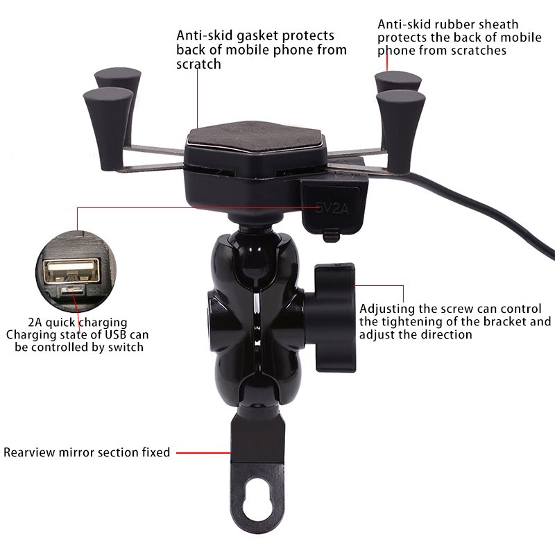 360 Degree Bike Cell Phone Holder For Motorcycle With USB Charger