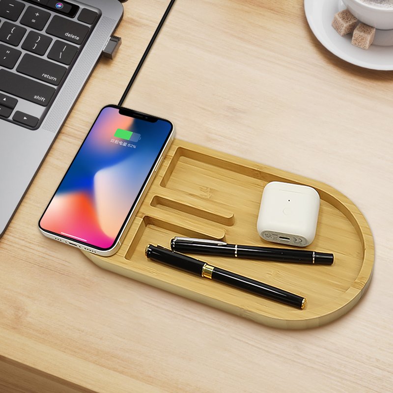 Universal Fast Wireless Charger 15W Office Desk Car Mobile Phone Station Wooden Bamboo Wireless Charger Pen Holder