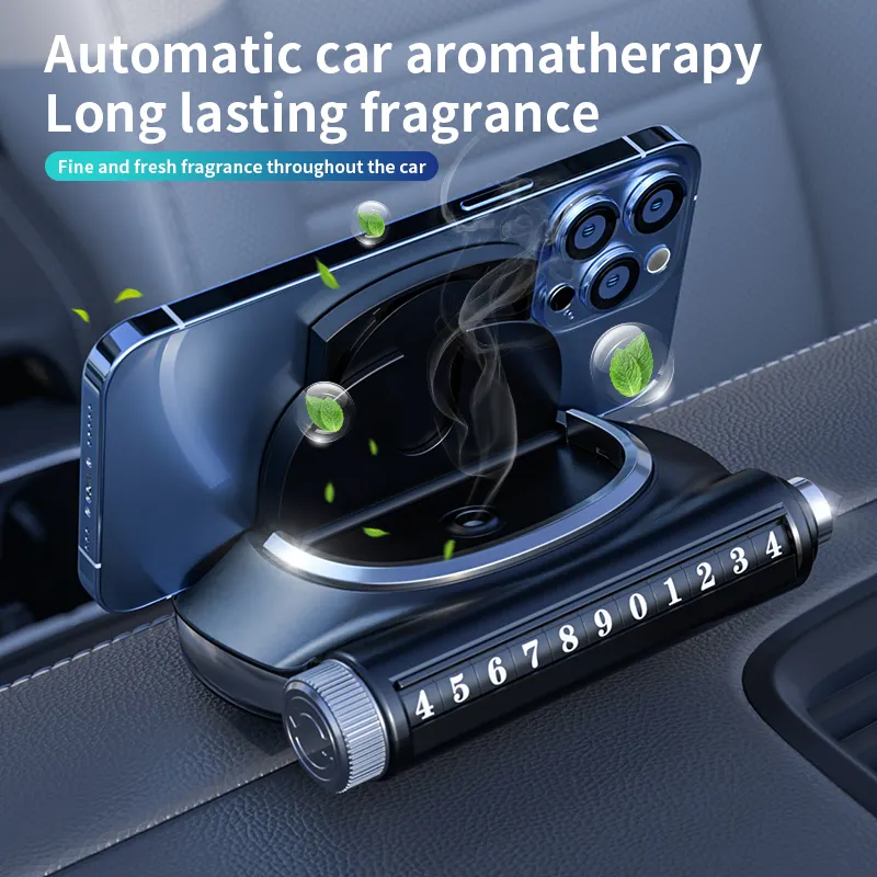5 in 1 Multifunction Parking Number Plate Car Fragrance Safety Hammer 15w Foldable Car Holder Fast Wireless Charger For Phone