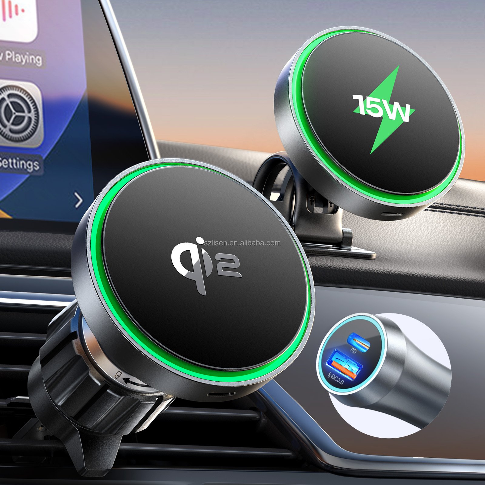 LISEN New Car Mount 15W Qi2 Fast Charging Magnetic Wireless Safe Charger With Phone Holder for Wireless Car Charger