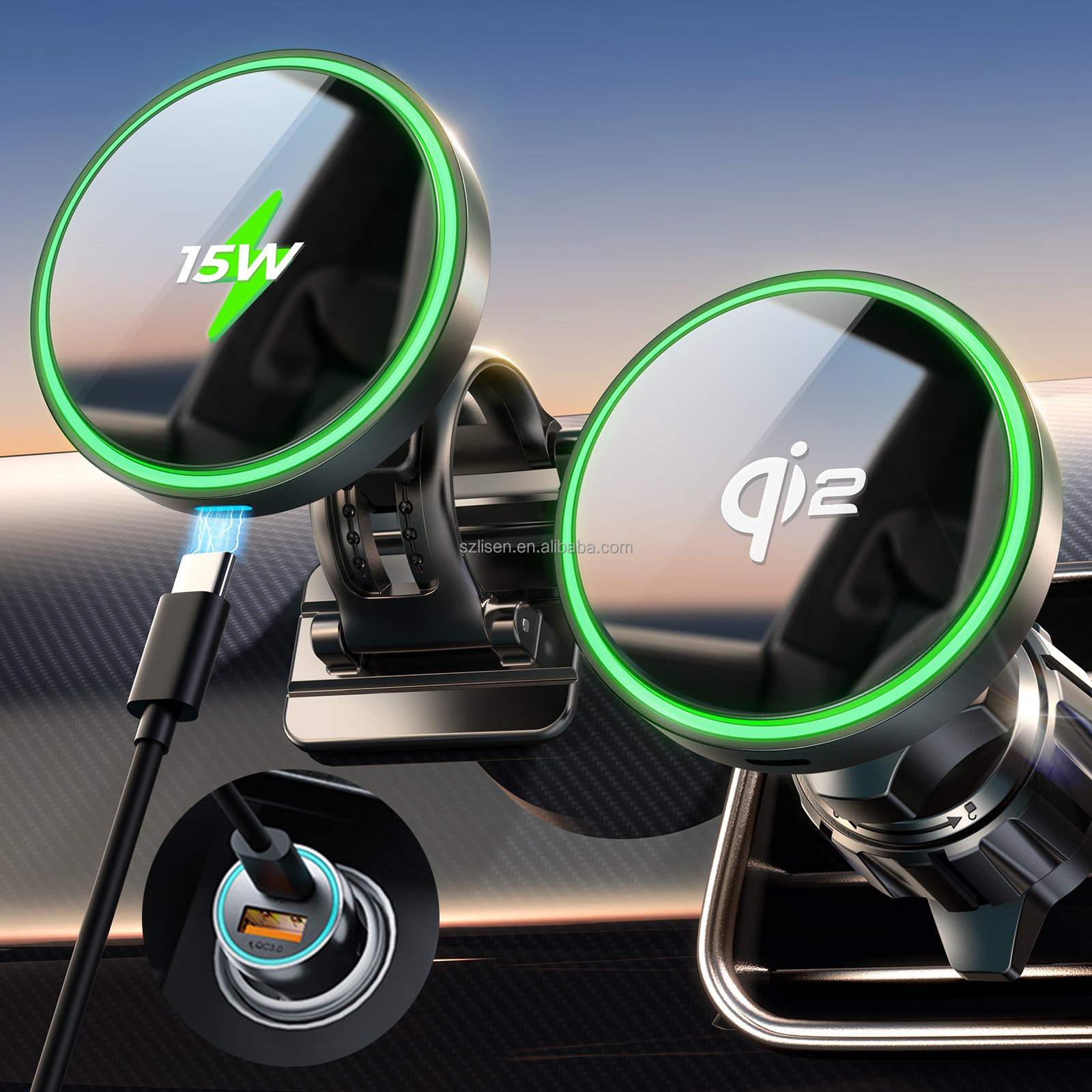 LISEN New Car Mount 15W Qi2 Fast Charging Magnetic Wireless Safe Charger With Phone Holder for Wireless Car Charger