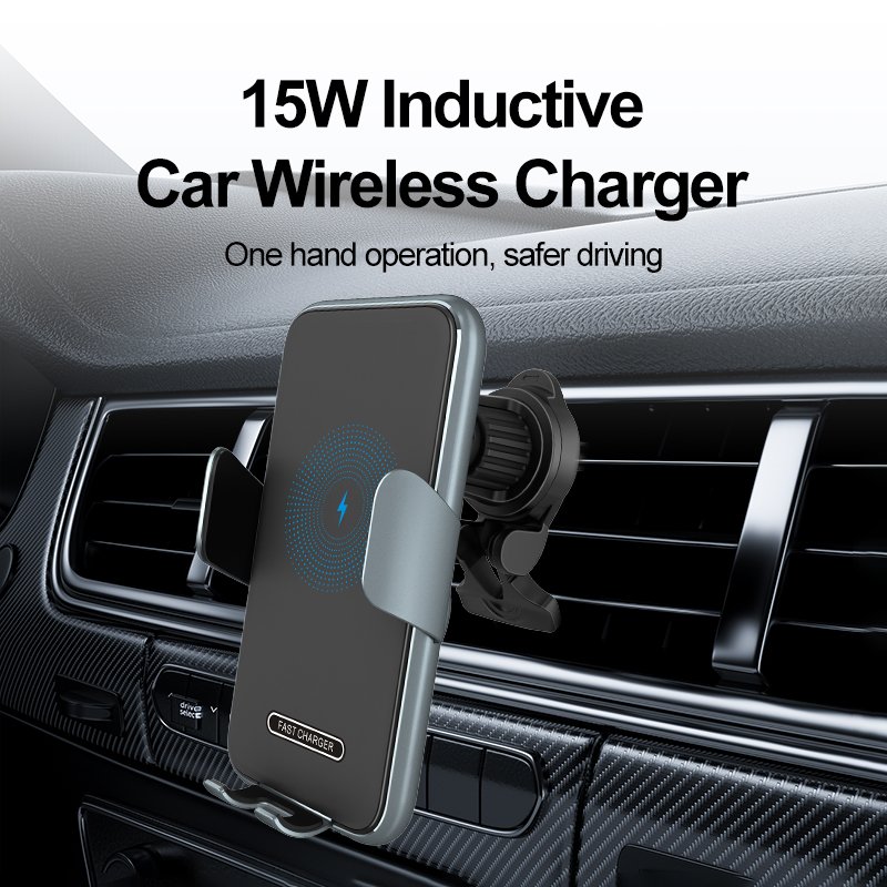 Aluminium Wireless Car Charger 15W Fast Charging Auto Clamping Car Phone Holder, Air Vent Car Mount with Electric Sensor