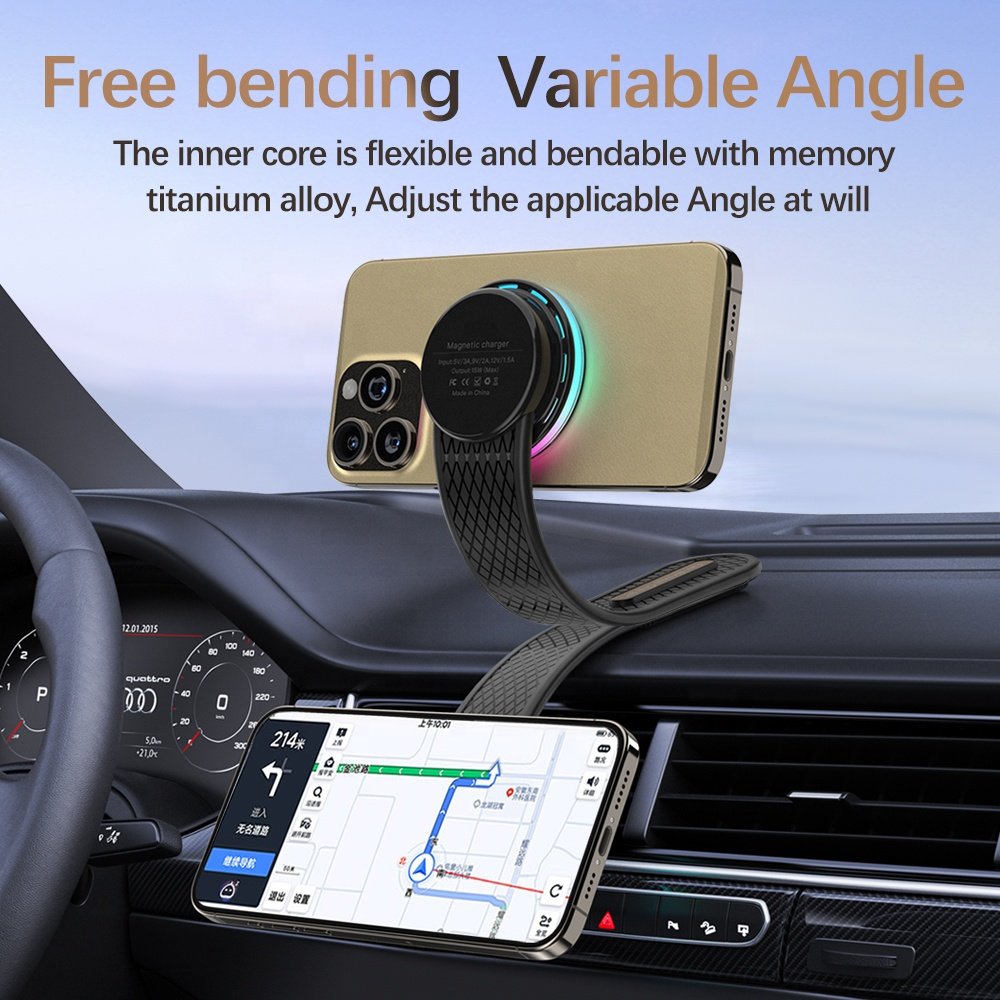 NEW QI2 Standard LED N52 Magnetic Car Wireless Charger Phone Holder For iPhone Samsung Galaxy Bendable Car Charger Mount