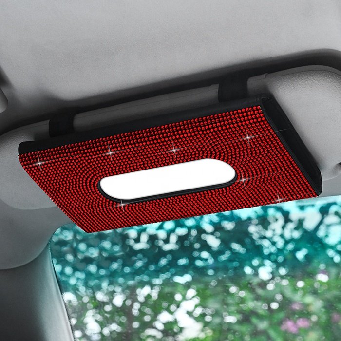 2024 Car Accessories Lady Bling Rhinestone Paper Holder Cover Box Car Sun Visor Pu Leather Diamond Car Tissue Box
