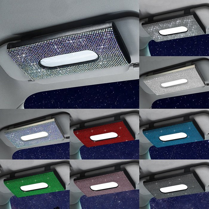 2024 Car Accessories Lady Bling Rhinestone Paper Holder Cover Box Car Sun Visor Pu Leather Diamond Car Tissue Box