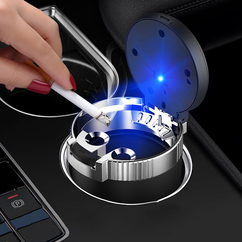 Car Ashtray Easy Clean Up Detachable Stainless Car Ashtray with Lid Blue Led Light for Most Car Cup Holder