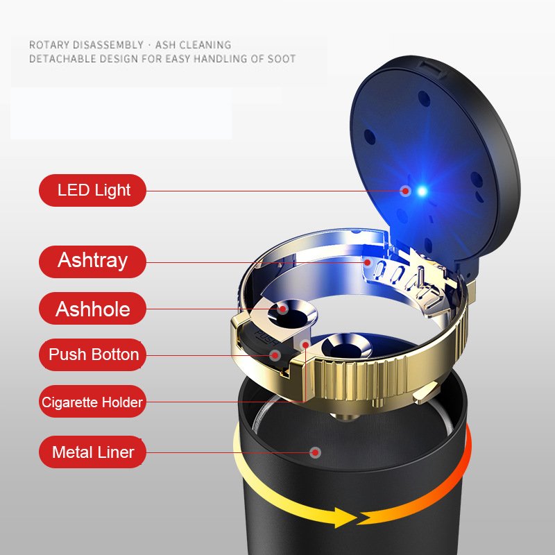Car Ashtray Easy Clean Up Detachable Stainless Car Ashtray with Lid Blue Led Light for Most Car Cup Holder