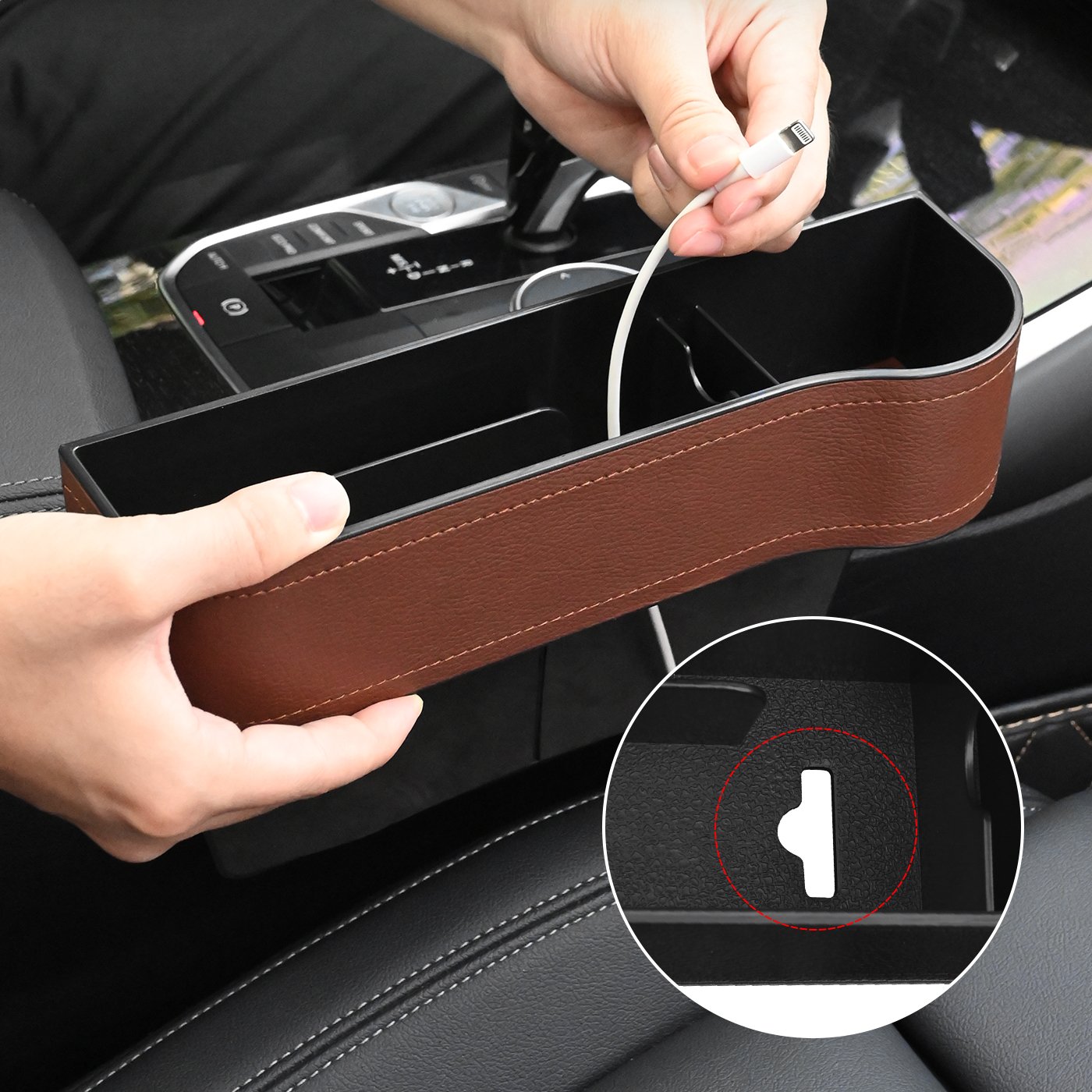 Premium Microfiber Black Leather Car Colsole Front Seat Gap Filler Caddy Organizer with Big Cup Holder