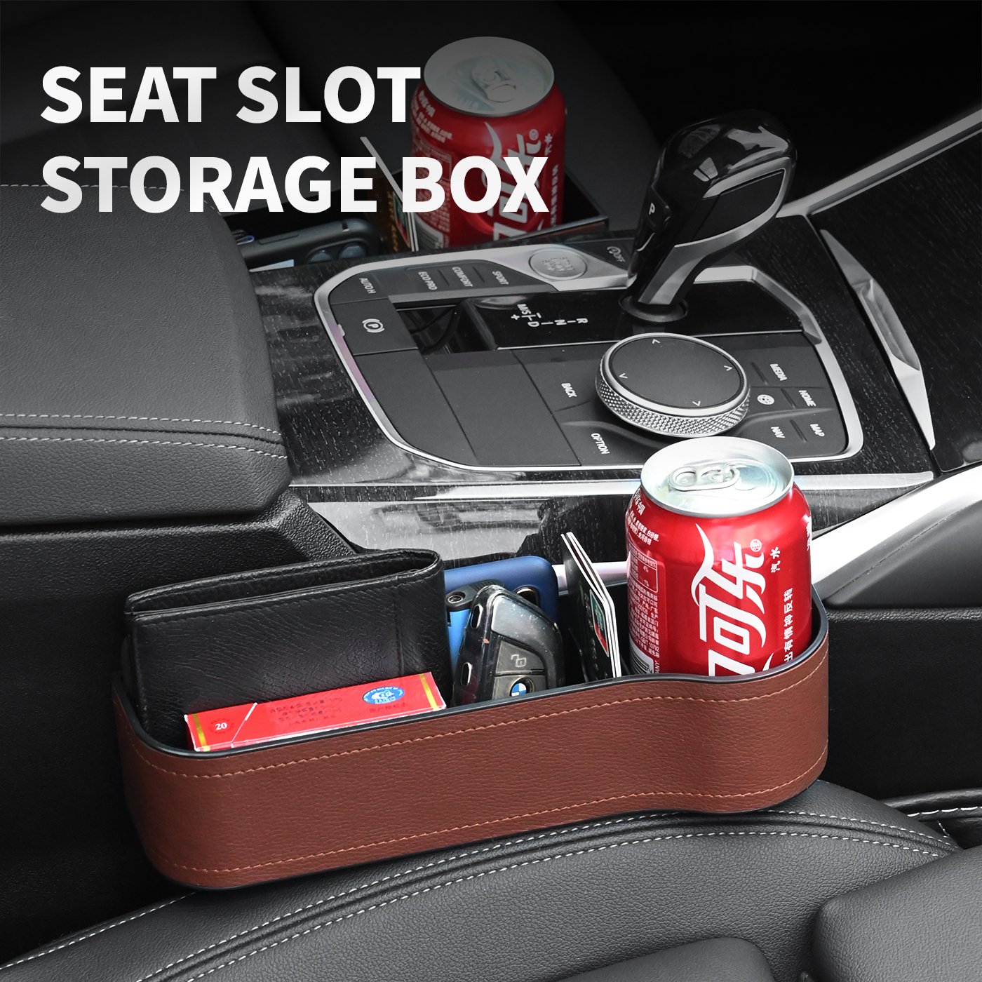 Premium Microfiber Black Leather Car Colsole Front Seat Gap Filler Caddy Organizer with Big Cup Holder