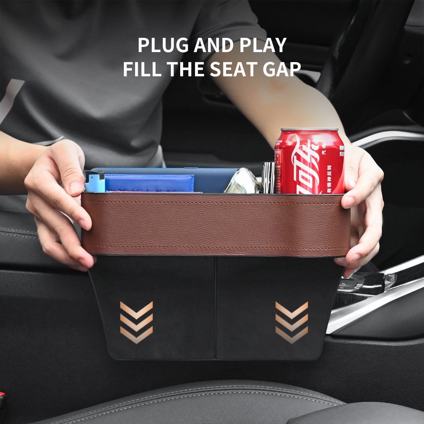 Premium Microfiber Black Leather Car Colsole Front Seat Gap Filler Caddy Organizer with Big Cup Holder